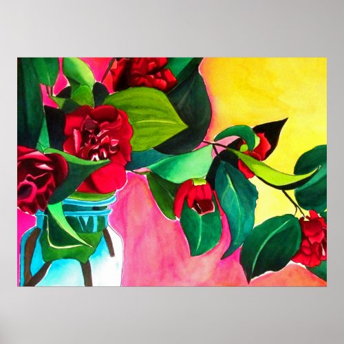 Red Camellias with green foliage watercolor flower Poster