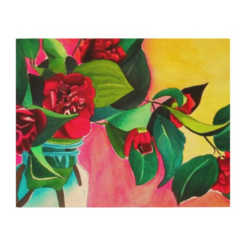 Red Camellias with green foliage watercolor flower Wood Wall Art