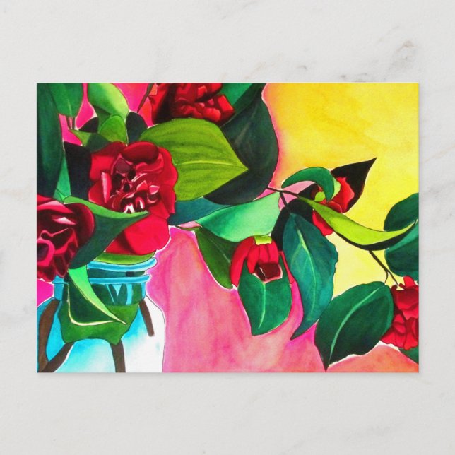Red Camellias with green Postcard (Front)
