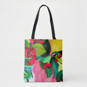 Red Camellias with green Tote Bag