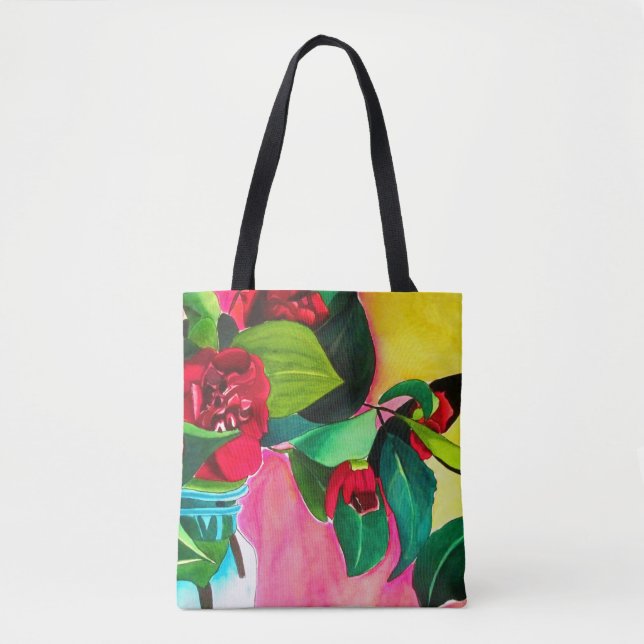 Red Camellias with green Tote Bag (Front)