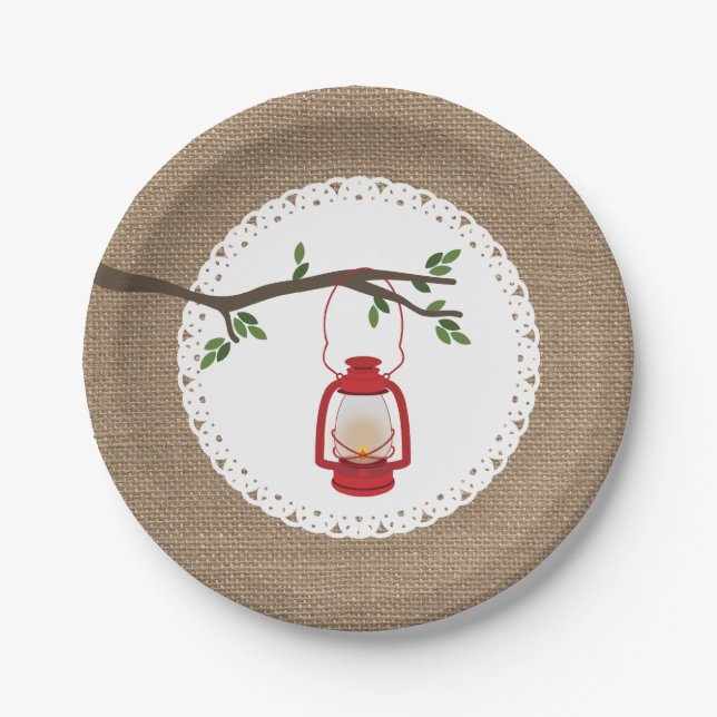 Red Camping Lantern - Burlap Inspired Paper Plates (Front)