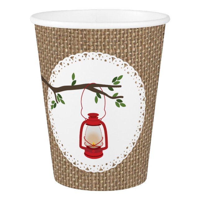 Red Camping Lantern Burlap Inspired Wedding Cups (Front)