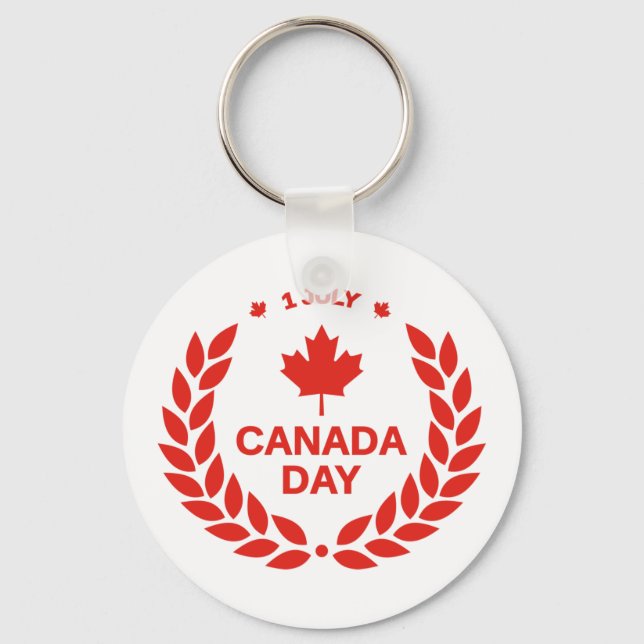 red canadian day maple leaf 1st july white keychain (Front)