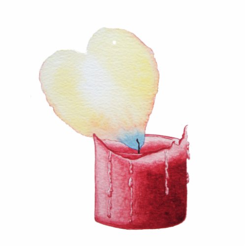 red candle burning with heart shaped flame cutout