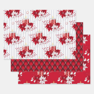 Red Candle & Poinsettia Peppermint Christmas Wrapping Paper Sheets