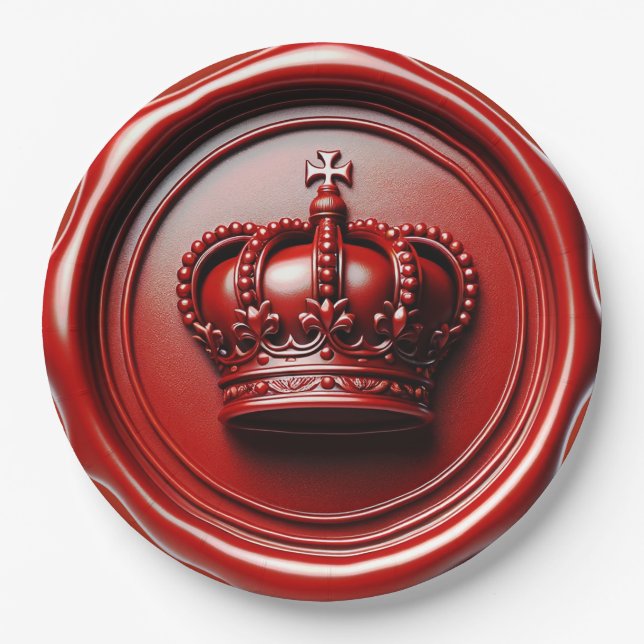 Red Candle Wax Drip Seal Royal Crown Wedding Paper Plates (Front)