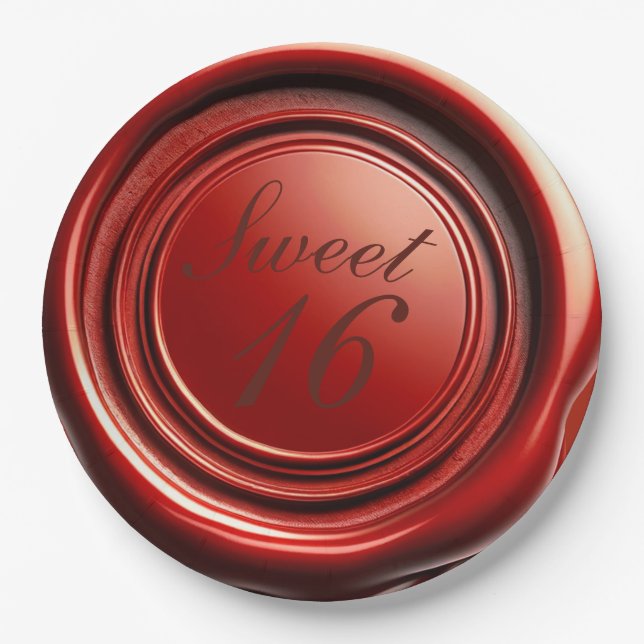 Red Candle Wax Seal Drip Sweet 16 Wedding Paper Plates (Front)