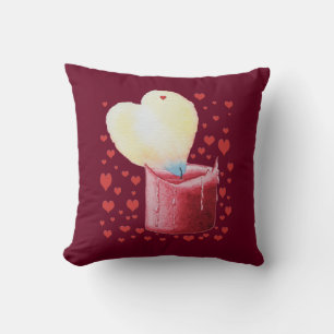 red candle with heart shaped flame romantic throw pillow