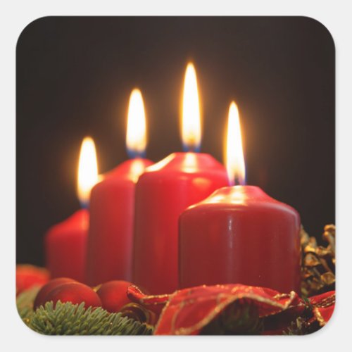 Red candles of an Advent wreath with fir branches Square Sticker