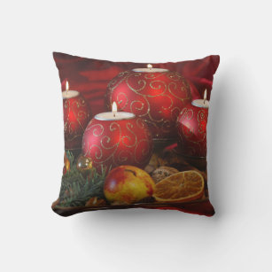red candles oranges square Christmas Outdoor Pillow