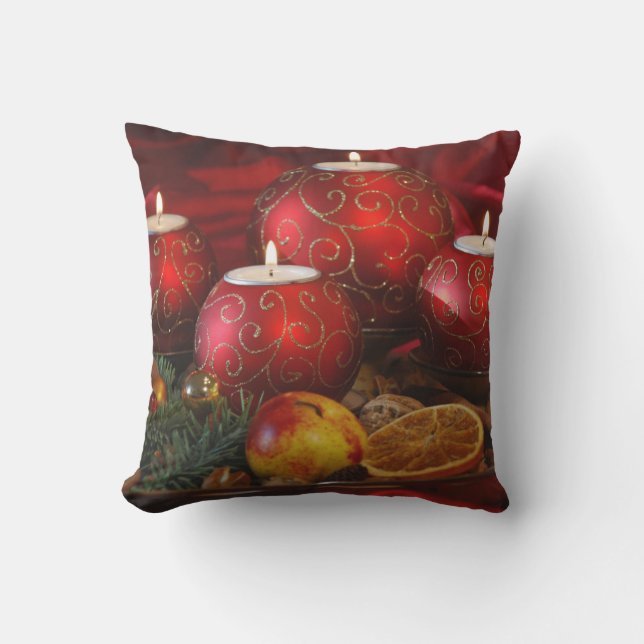 red candles oranges square Christmas Outdoor Pillow (Front)