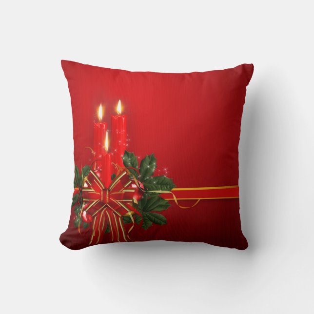 Red Candles Ribbon and Holly Throw Pillow (Front)