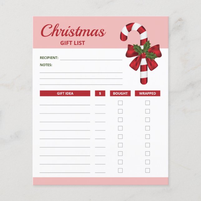 Red Candy Cane And Bow - Christmas Gift List Plans (Front)