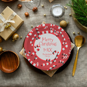 Red Candy Cane Border Family Christmas Party Paper Plates