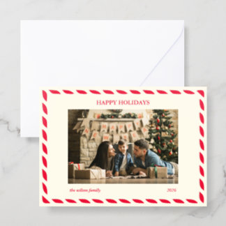 Red Candy Cane Border Happy Holidays Family Photo Letterpress Photo Cards