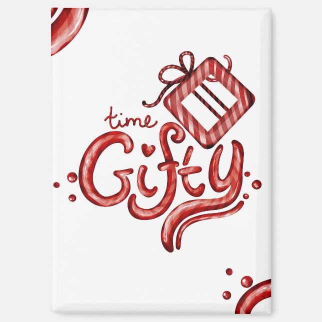 Red Candy Cane Christmas Decor “Gifty Time” Magnet (Front)