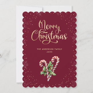Red Candy Cane Holly Berries Christmas Holiday Card
