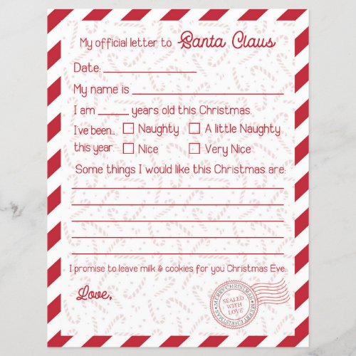 Red Candy Cane Letter to Santa Claus Stationary