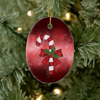 Red Candy Cane On A Red Bokeh Background Ceramic Ornament