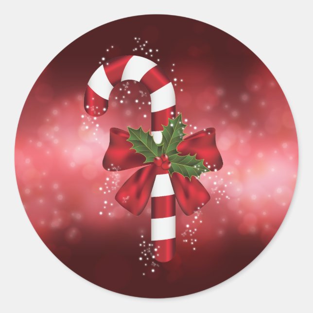 Red Candy Cane On A Red Bokeh Background Classic Round Sticker (Front)