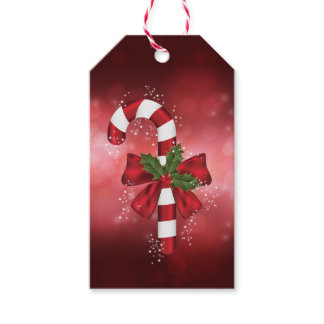 Red Candy Cane On A Red Bokeh Background Gift Tags