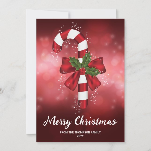 Red Candy Cane On A Red Bokeh Background Holiday Card (Front)
