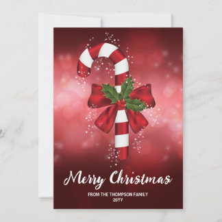 Red Candy Cane On A Red Bokeh Background Holiday Card
