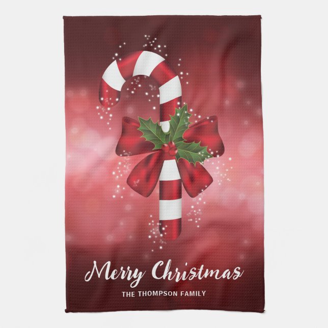 Red Candy Cane On A Red Bokeh Background Kitchen Towel (Vertical)