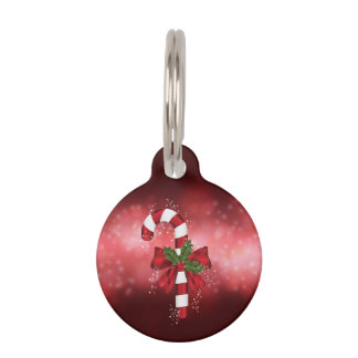Red Candy Cane On A Red Bokeh Background Pet ID Tag