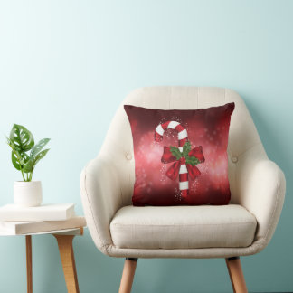 Red Candy Cane On A Red Bokeh Background Throw Pillow