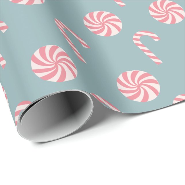 Red Candy Cane Pattern Slate Blue Wrapping Paper (Roll Corner)
