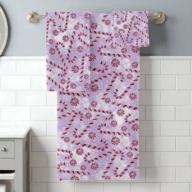 Red Candy Cane Peppermint Christmas  Bath Towel Set (Red candy cane and peppermint towel set with frosty lavender background for Christmas décor)