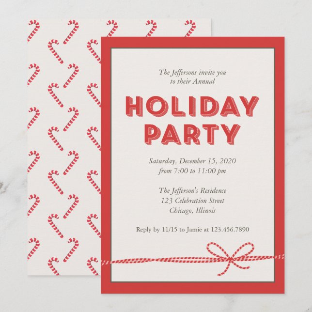 Red Candy Cane Ribbon Holiday Party Invitation (Front/Back)