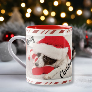Red Candy Cane Stripe Puppy Dog Photo  Two-Tone Coffee Mug