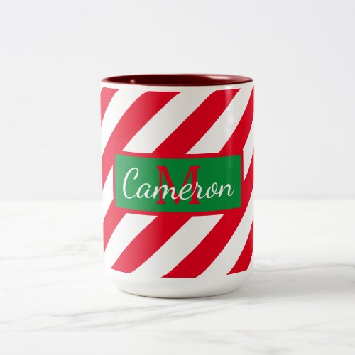 Red candy cane stripe with monogram  Two_Tone coffee mug