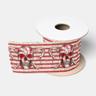 Red Candy Cane Sugar Skull Satin Ribbon
