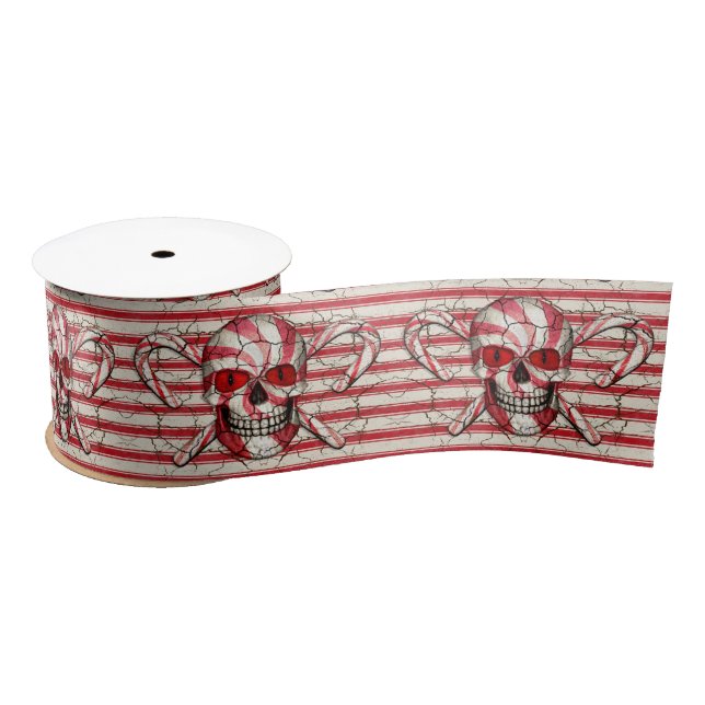Red Candy Cane Sugar Skull  Satin Ribbon (Spool)