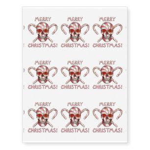 Red Candy Cane Sugar Skull Temporary Tattoo