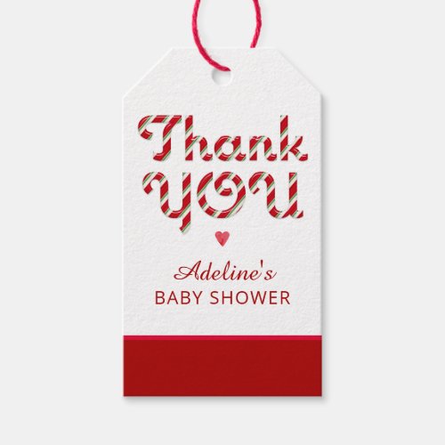 Red Candy Cane Thank You Typography Baby Shower Gift Tags