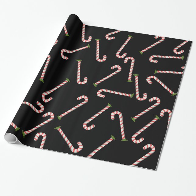 Red Candy Canes Holiday Black Pattern Wrapping Paper (Unrolled)