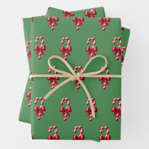Red Candy Canes On A Green Background Wrapping Paper Sheets