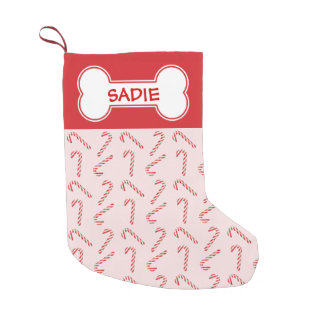 Red Candy Canes Pattern And Dog Bone With Name Small Christmas Stocking