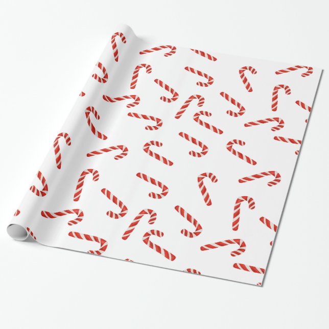 Red Candy Canes Watercolor Holiday Pattern Wrapping Paper (Unrolled)