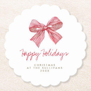 Red Candy Stripe Bow Personalized Holiday Party Paper Coaster