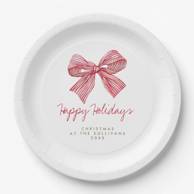 Red Candy Stripe Bow Personalized Holiday Party Paper Plates (Front)