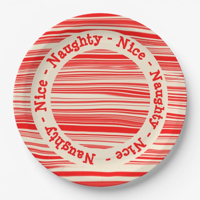 Red Candy Stripes Naughty Nice Christmas  Paper Plates (Front)