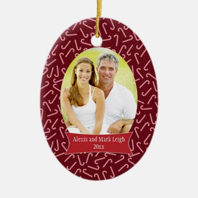 Red candycanes Christmas holiday photo ornament (Front)
