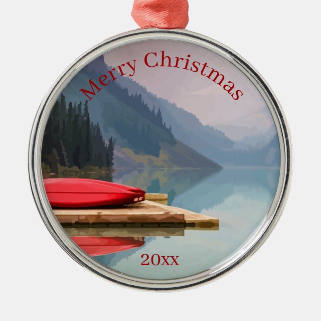 Red Canoe Mountain Lake Scenic Wilderness Custom Metal Ornament (Front)