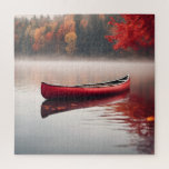 Red Canoe On Autumn Lake Jigsaw Puzzle<br><div class="desc">Bold red canoe floating on a misty autumn lake</div>